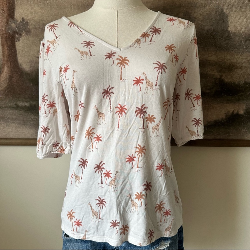LOFT Off White V-Neck Blouse with Palm and Giraffe Pattern